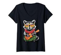 Womens Hawaiian Raccoon Pineapple Ukulele Summer Vacation V-Neck T-Shirt