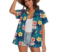 Womens Hawaiian Shirt Floral Button Down Tops(Yellow Orange Flower,S)
