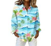 Women's Hawaiian Shirts Floral Tropic Print Summer Soft Button Down Shirts Long Sleeve