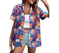 Women's Hawaiian Shirts Floral Tropic Print V Neck Button Down Shirt Summer Hawaii Short Sleeve Blouse Tops, Blue, L