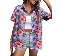 Women's Hawaiian Shirts Floral Tropic Print V Neck Button Down Shirt Summer Hawaii Short Sleeve Blouse Tops, Pink, M