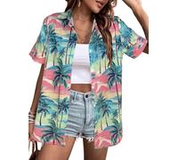 Women's Hawaiian Shirts Floral Tropic Print V Neck Button Down Shirt Summer Hawaii Short Sleeve Blouse Tops, Pink E, M