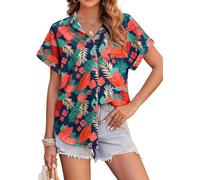 Womens Hawaiian Shirts Short Sleeve Button Down Soft Cool Floral Tropic Print V Neck Summer Beach Tops T-Shirt