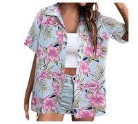 Womens Hawaiian Shirts Short Sleeve Button Down Soft Cool Floral Tropic Print V Neck Summer Beach Tops T-Shirt Light Pink