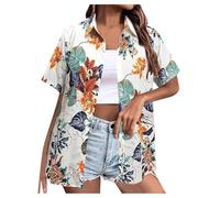 Womens Hawaiian Shirts Short Sleeve Button Down Soft Cool Floral Tropic Print V Neck Summer Beach Tops T-Shirt Dark Blue