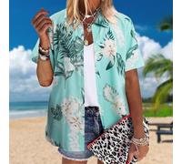 Women's Hawaiian Shirts Short Sleeve Casual Soft Cool Floral Tropic Print V Neck Tops Summer Button Up T-Shirt
