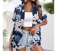 Women's Hawaiian Shirts Short Sleeve Casual Soft Cool Floral Tropic Print V Neck Tops Summer Button Up T-Shirt