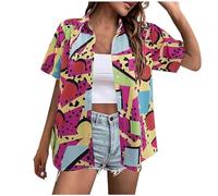 Womens Hawaiian Shirts Tropical Floral Print Beach Shirt Summer Tops for Women UK Button Down Short Sleeve Blouses Grandad Collar Shirt Casual Party Holiday Tops Hot Pink
