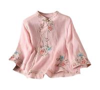 Womens Hawaiian Shirts Womens Linen Tops Casual Boho Frog Button Chinese Tradition Elegant Embroidered Blouses 3/4 Sleeve Floral Bohemian Spring Summer Tunic Shirts Pink L