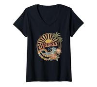 Women's Hawaiian Sunset Sun Rays Lei Flowers Hawaii Beach Surfing V-Neck T-Shirt