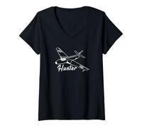 Womens Hawker Hunter British Jet Fighter Plane Flying Silhouette V-Neck T-Shirt