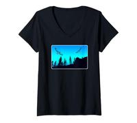 Womens Hawks & Mountain Black & Blue V-Neck T-Shirt