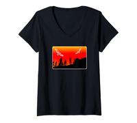 Womens Hawks & Mountain Red-Yellow Round Border V-Neck T-Shirt