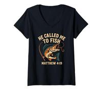 Womens He Called Me to Fish Matthew 4:19 Christian Fishing V-Neck T-Shirt