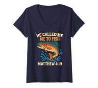 Womens He Called Me to Fish Matthew 4:19 Faith Fishing Fisherman V-Neck T-Shirt