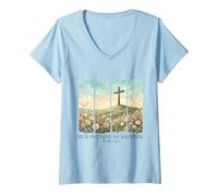 Women's He Has Risen Easter Cross Matthew 28:6 Christian Faith V-Neck T-Shirt
