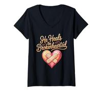 Women's He Heals The Brokenhearted Faith Bible Comfort - V-Neck T-Shirt