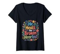 Women's He Heals The Brokenhearted Faith Bible Comfort - V-Neck T-Shirt