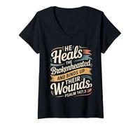 Women's He Heals The Brokenhearted Faith Bible Comfort |- V-Neck T-Shirt