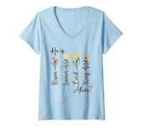 Women's He is Alive Risen Lord Jesus Spring Women's Floral Easter V-Neck T-Shirt