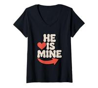 Womens He Is Mine Love Arrow Heart Design V-Neck T-Shirt