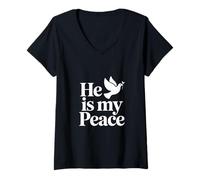 Womens He is My Peace Christian Dove Olive Branch V-Neck T-Shirt