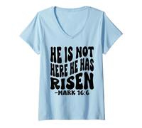 Women's He is not here he has Risen Christian Happy Resurrection V-Neck T-Shirt