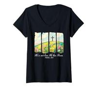 Women's He is Not Here, He Has Risen Easter Christian Jesus Easter V-Neck T-Shirt