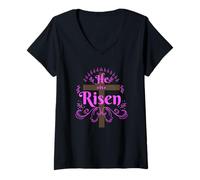 Women's He is Risen Bible Verse Luke Scripture God Ressurection Pray V-Neck T-Shirt