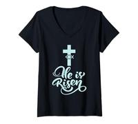 Women's He is Risen Christian Cross Faith Design Graphic V-Neck T-Shirt