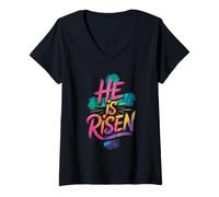 Women's He is Risen Christian Easter Faith Cross Design V-Neck T-Shirt