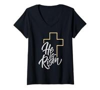 Women's He is Risen Christian Faith Cross Resurrection Design V-Neck T-Shirt
