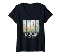 Women's He is Risen Christian Wildflower Happy Easter V-Neck T-Shirt