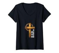 Women's He is Risen Cross Crown Thorns Matthew 28:6 Christian Faith V-Neck T-Shirt