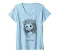 Women's He is Risen Cute Jesus Christian Easter Hand Drawn Doodle V-Neck T-Shirt