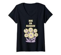 Women's He is Risen Daisy Flowers Easter Quote Retro Floral V-Neck T-Shirt