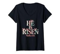 Women's He is Risen Easter Coquette Bow Matthew 28:6 V-Neck T-Shirt