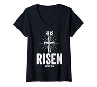 Women's He is Risen Easter Cross Christian Faith Jesus V-Neck T-Shirt