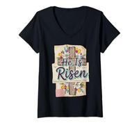 Women's He is Risen Floral Cross Christian Easter V-Neck T-Shirt