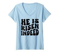Women's He is Risen Indeed Christian Happy Resurrection Sunday Jesus V-Neck T-Shirt