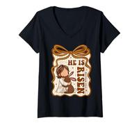 Women's He is Risen Jesus Rabbit Christian Easter Womens Kids Girls V-Neck T-Shirt