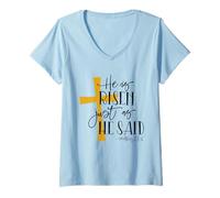 Womens He Is Risen Just As He Said - Matthew 28:6 Cross Design V-Neck T-Shirt