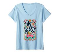 Women's He is Risen Luke 24:6-7 Easter Bible Verse Scripture V-Neck T-Shirt