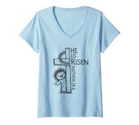 Women's He is Risen Matthew 28 6 Cute Jesus Easter Hand Drawn Doodle V-Neck T-Shirt