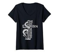 Women's He is Risen Matthew 28 6 Cute Jesus Easter Hand Drawn Doodle V-Neck T-Shirt