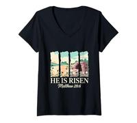 Women's He is Risen Matthew 28 6 Easter Resurrection Scene V-Neck T-Shirt