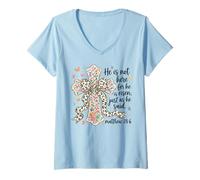 Women's He is Risen Matthew 28 6 Floral Cross Christian Faith Easter V-Neck T-Shirt