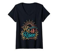 Women's He is Risen Minimal Christian Easter Sunrise V-Neck T-Shirt