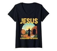 Womens He is Risen Open Tomb Resurrection Jesus Conqured The Grave V-Neck T-Shirt
