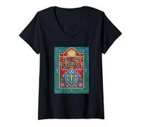 Women's He is Risen Religious Cross Dove Stained Glass Style Easter V-Neck T-Shirt